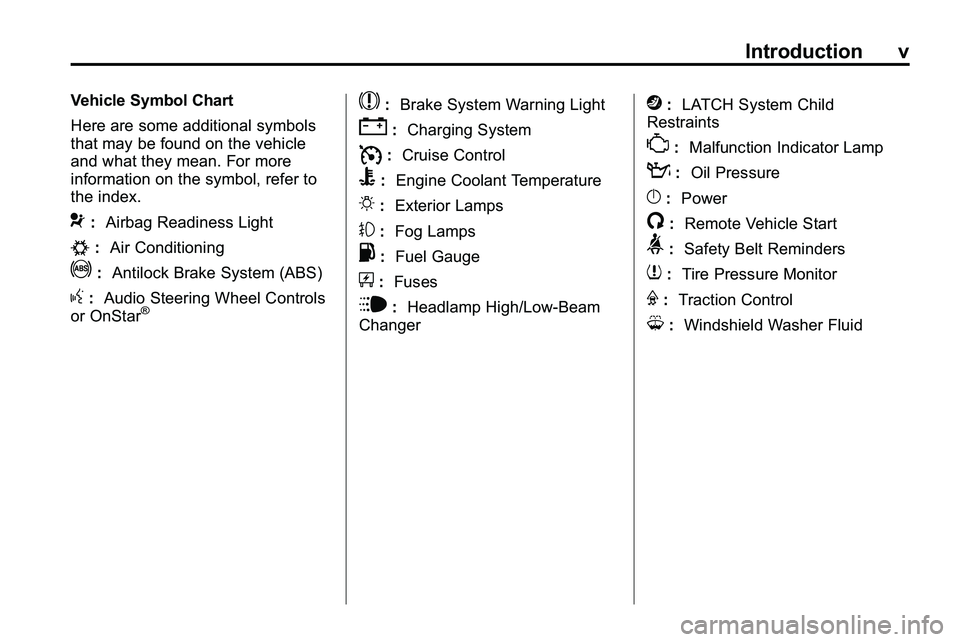 GMC TERRAIN 2010  Owners Manual Introduction v
Vehicle Symbol Chart
Here are some additional symbols
that may be found on the vehicle
and what they mean. For more
information on the symbol, refer to
the index.
9:Airbag Readiness Lig