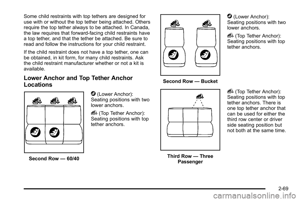 GMC YUKON 2010  Owners Manual Some child restraints with top tethers are designed for
use with or without the top tether being attached. Others
require the top tether always to be attached. In Canada,
the law requires that forward