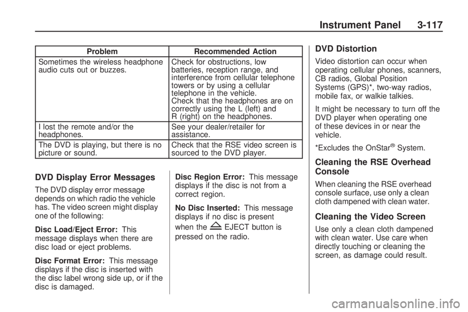 GMC ACADIA 2009  Owners Manual ProblemRecommended Action
Sometimes the wireless headphone
audio cuts out or buzzes. Check for obstructions, low
batteries, reception range, and
interference from cellular telephone
towers or by using