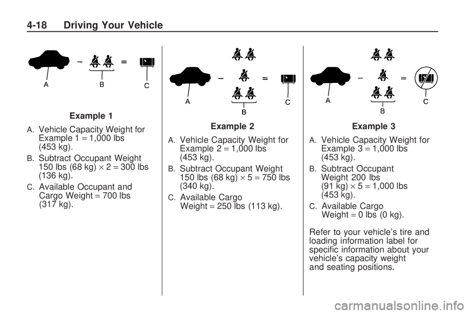 GMC ACADIA 2009  Owners Manual A.Vehicle Capacity Weight for
Example 1=1,000 lbs
(453 kg).
B.Subtract Occupant Weight
150 lbs (68 kg)×2=300 lbs
(136 kg).
C.Available Occupant and
Cargo Weight=700 lbs
(317 kg).
A.Vehicle Capacity W