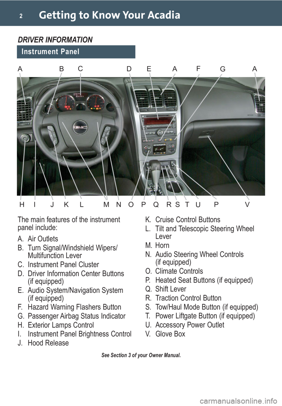 GMC ACADIA 2009 Get To Know Guide Getting to Know Your Acadia2
The main features of the instrument
panel include:
A. Air Outlets
B. Turn Signal/Windshield Wipers/
Multifunction Lever
C. Instrument Panel Cluster
D. Driver Information C GMC ACADIA 2009 Get To Know Guide Getting to Know Your Acadia2
The main features of the instrument
panel include:
A. Air Outlets
B. Turn Signal/Windshield Wipers/
Multifunction Lever
C. Instrument Panel Cluster
D. Driver Information C