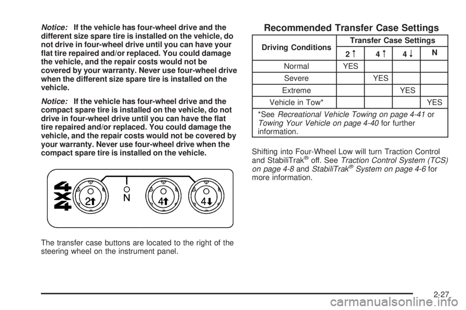 GMC CANYON 2009  Owners Manual Notice:If the vehicle has four-wheel drive and the
different size spare tire is installed on the vehicle, do
not drive in four-wheel drive until you can have your
�at tire repaired and/or replaced. Yo