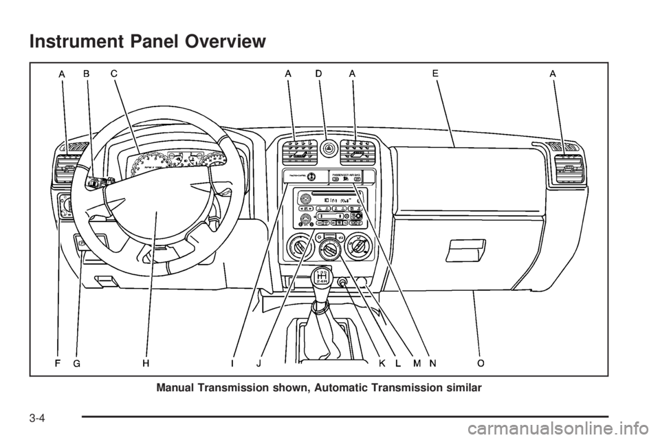 GMC CANYON 2009  Owners Manual Instrument Panel Overview
Manual Transmission shown, Automatic Transmission similar
3-4 