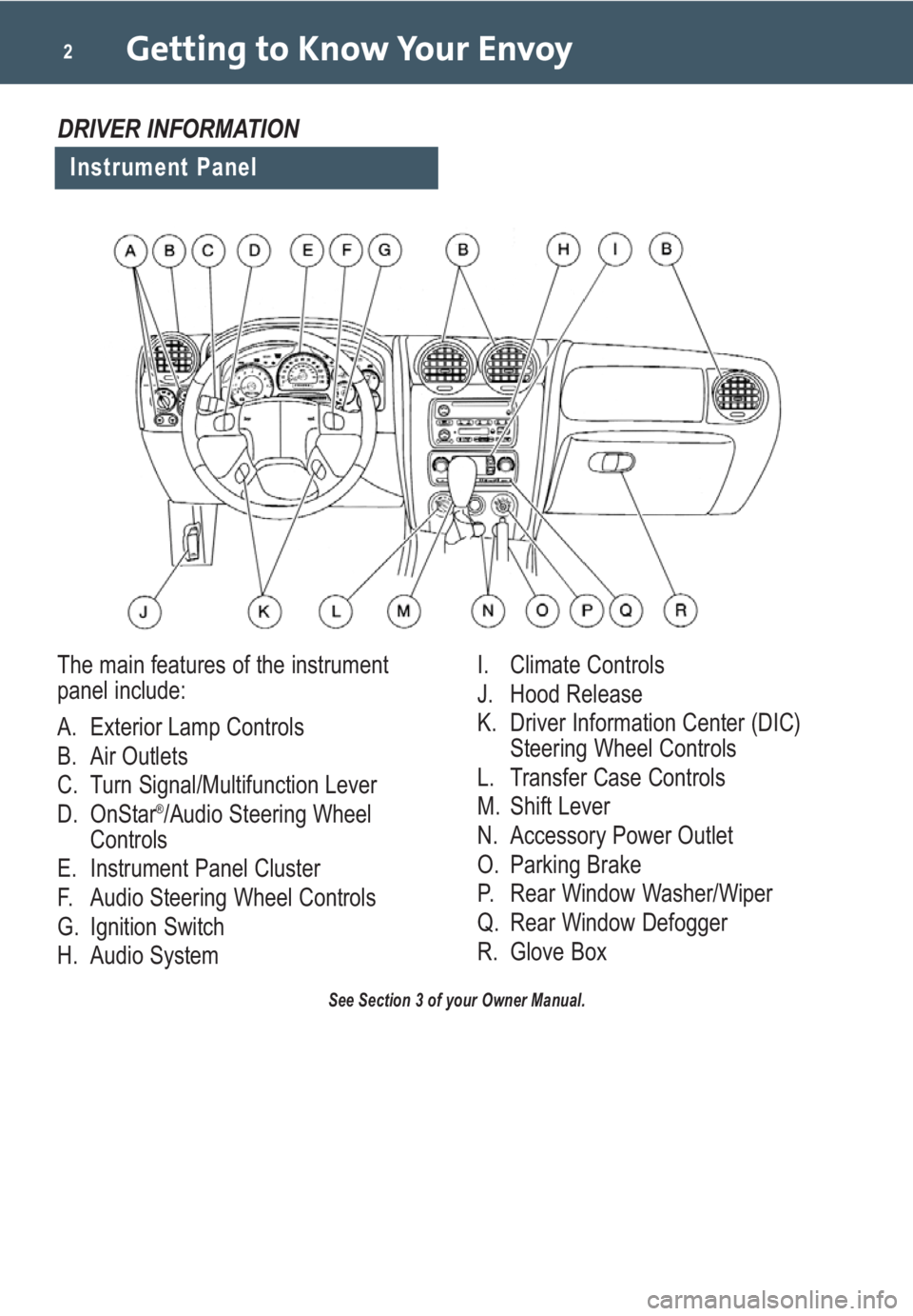 GMC ENVOY 2009  Get To Know Guide Getting to Know Your Envoy2
See Section 3 of your Owner Manual.
Instrument Panel
DRIVER INFORMATION
The main features of the instrument
panel include:
A. Exterior Lamp Controls
B. Air Outlets
C. Turn 