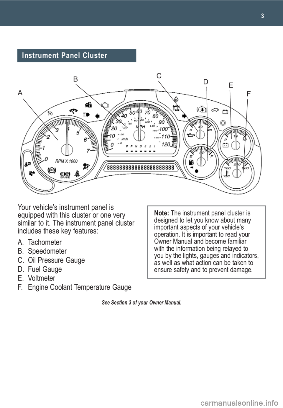 GMC ENVOY 2009  Get To Know Guide 3
Your vehicle’s instrument panel is
equipped with this cluster or one very
similar to it. The instrument panel cluster
includes these key features:
A. Tachometer
B. Speedometer 
C. Oil Pressure Gau