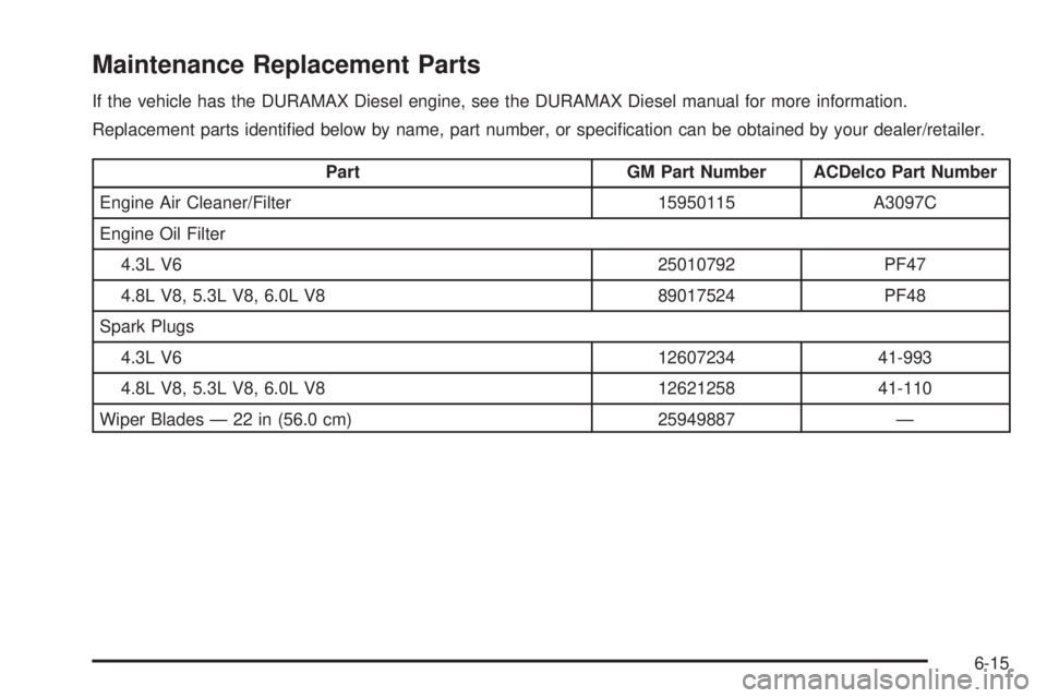 GMC SAVANA 2009  Owners Manual Maintenance Replacement Parts
If the vehicle has the DURAMAX Diesel engine, see the DURAMAX Diesel manual for more information.
Replacement parts identiﬁed below by name, part number, or speciﬁcat