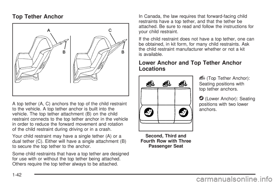 GMC SAVANA 2009 Service Manual Top Tether Anchor
A top tether (A, C) anchors the top of the child restraint
to the vehicle. A top tether anchor is built into the
vehicle. The top tether attachment (B) on the child
restraint connect GMC SAVANA 2009 Service Manual Top Tether Anchor
A top tether (A, C) anchors the top of the child restraint
to the vehicle. A top tether anchor is built into the
vehicle. The top tether attachment (B) on the child
restraint connect
