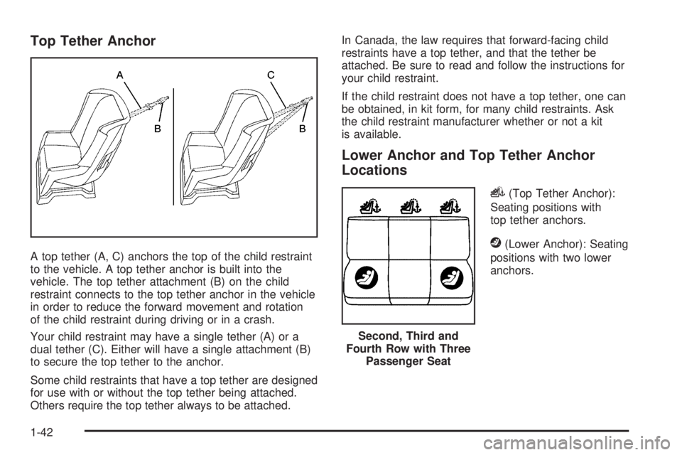 GMC SAVANA 2009 Service Manual Top Tether Anchor
A top tether (A, C) anchors the top of the child restraint
to the vehicle. A top tether anchor is built into the
vehicle. The top tether attachment (B) on the child
restraint connect