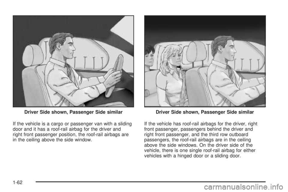 GMC SAVANA 2009 Repair Manual If the vehicle is a cargo or passenger van with a sliding
door and it has a roof-rail airbag for the driver and
right front passenger position, the roof-rail airbags are
in the ceiling above the side 
