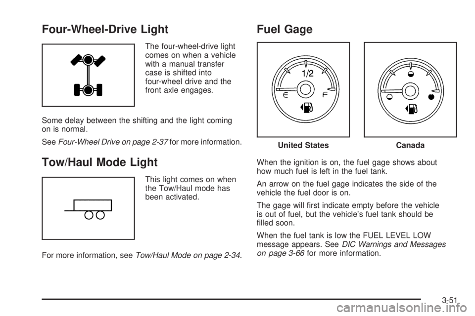 GMC SIERRA 2009  Owners Manual Four-Wheel-Drive Light
The four-wheel-drive light
comes on when a vehicle
with a manual transfer
case is shifted into
four-wheel drive and the
front axle engages.
Some delay between the shifting and t