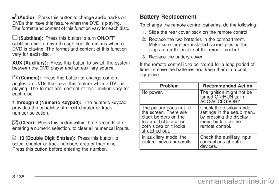 GMC SIERRA 2009  Owners Manual e(Audio):Press this button to change audio tracks on
DVDs that have this feature when the DVD is playing.
The format and content of this function vary for each disc.
{(Subtitles):Press this button to 