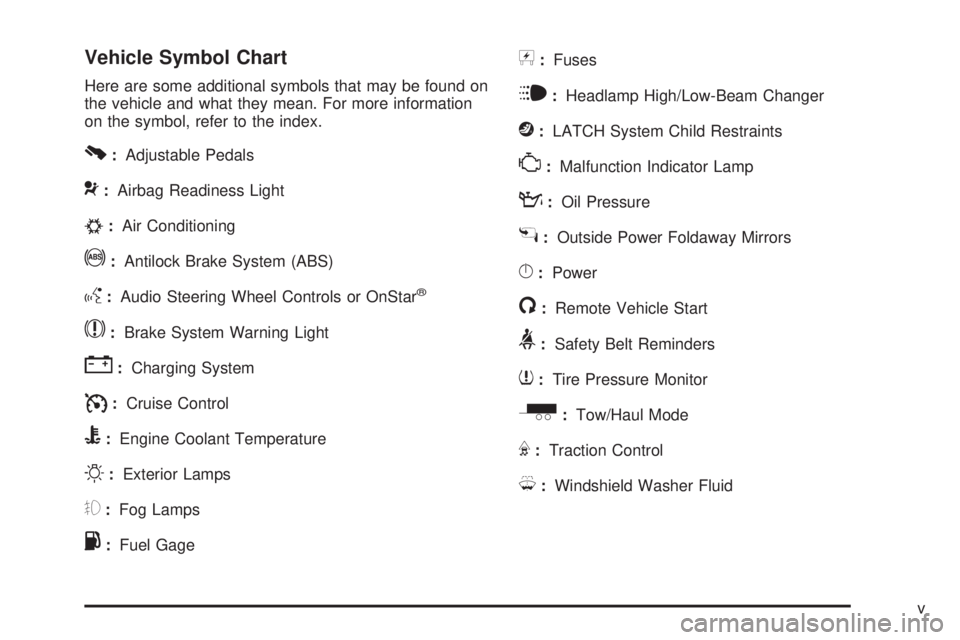 GMC SIERRA 2009  Owners Manual Vehicle Symbol Chart
Here are some additional symbols that may be found on
the vehicle and what they mean. For more information
on the symbol, refer to the index.
0:Adjustable Pedals
9:Airbag Readines