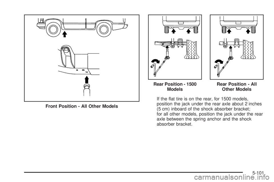 GMC SIERRA 2009  Owners Manual If the �at tire is on the rear, for 1500 models,
position the jack under the rear axle about 2 inches
(5 cm) inboard of the shock absorber bracket;
for all other models, position the jack under the re