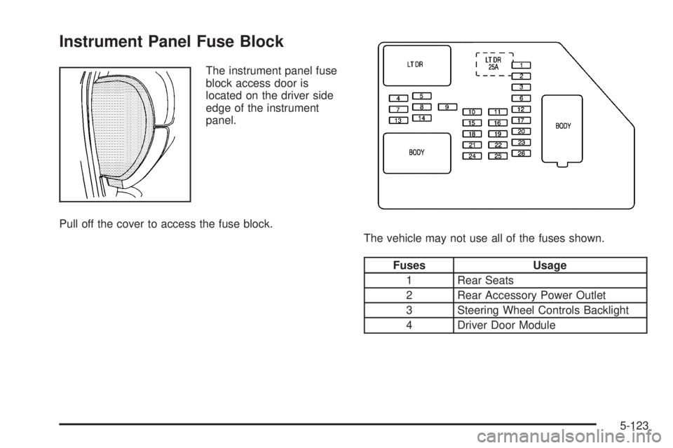 GMC SIERRA 2009  Owners Manual Instrument Panel Fuse Block
The instrument panel fuse
block access door is
located on the driver side
edge of the instrument
panel.
Pull off the cover to access the fuse block.
The vehicle may not use