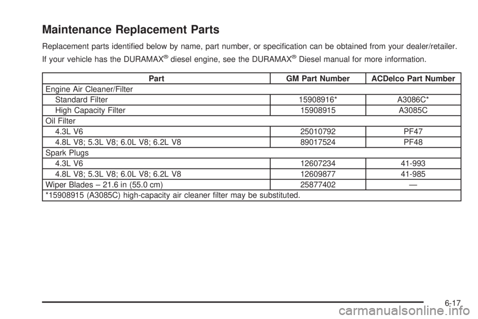 GMC SIERRA 2009  Owners Manual Maintenance Replacement Parts
Replacement parts identi�ed below by name, part number, or speci�cation can be obtained from your dealer/retailer.
If your vehicle has the DURAMAX
®diesel engine, see th