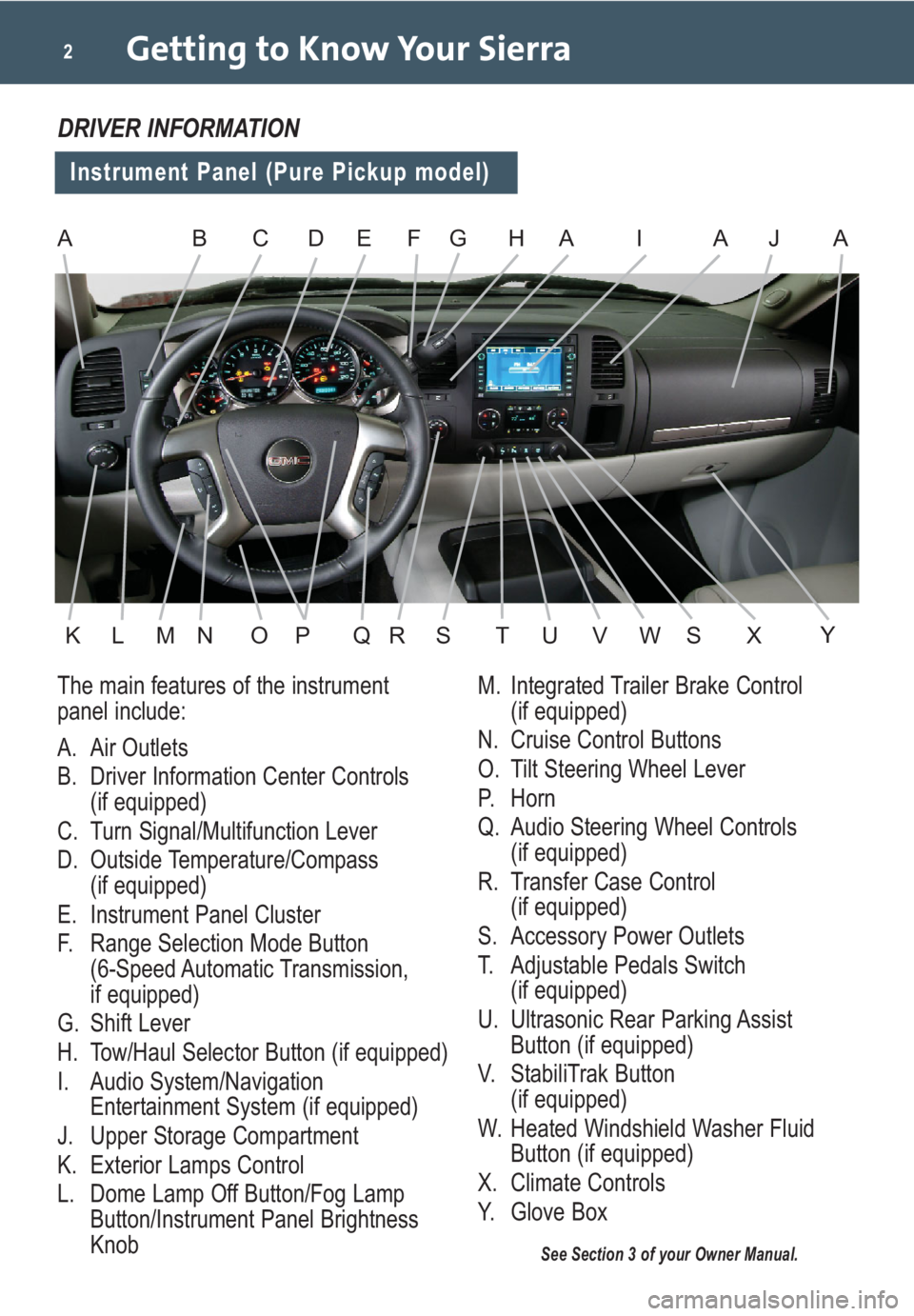 GMC SIERRA 2009  Get To Know Guide Getting to Know Your Sierra2
The main features of the instrument 
panel include:
A. Air Outlets
B. Driver Information Center Controls 
(if equipped)
C. Turn Signal/Multifunction Lever
D. Outside Tempe