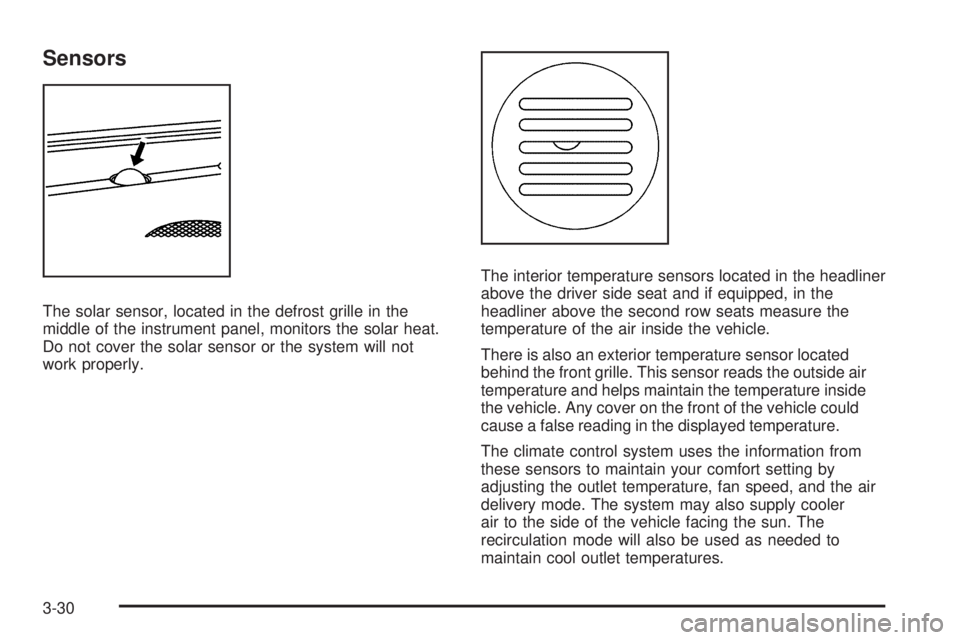 GMC YUKON 2009 Owners Guide Sensors
The solar sensor, located in the defrost grille in the
middle of the instrument panel, monitors the solar heat.
Do not cover the solar sensor or the system will not
work properly.The interior 