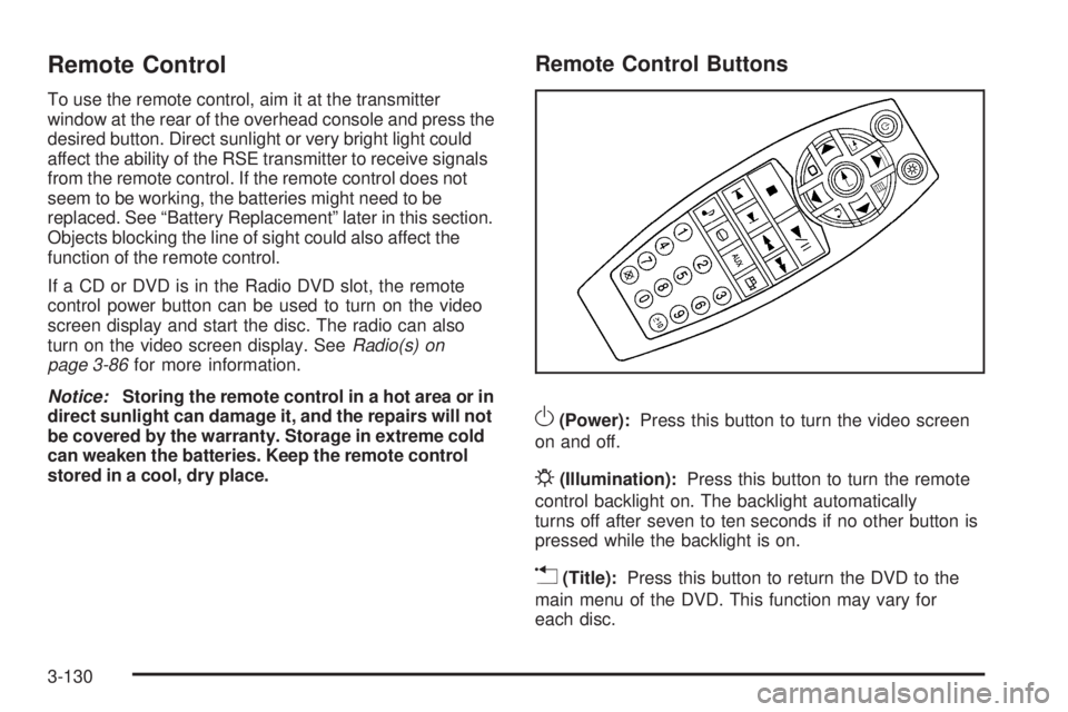 GMC YUKON 2009 Owners Guide Remote Control
To use the remote control, aim it at the transmitter
window at the rear of the overhead console and press the
desired button. Direct sunlight or very bright light could
affect the abili