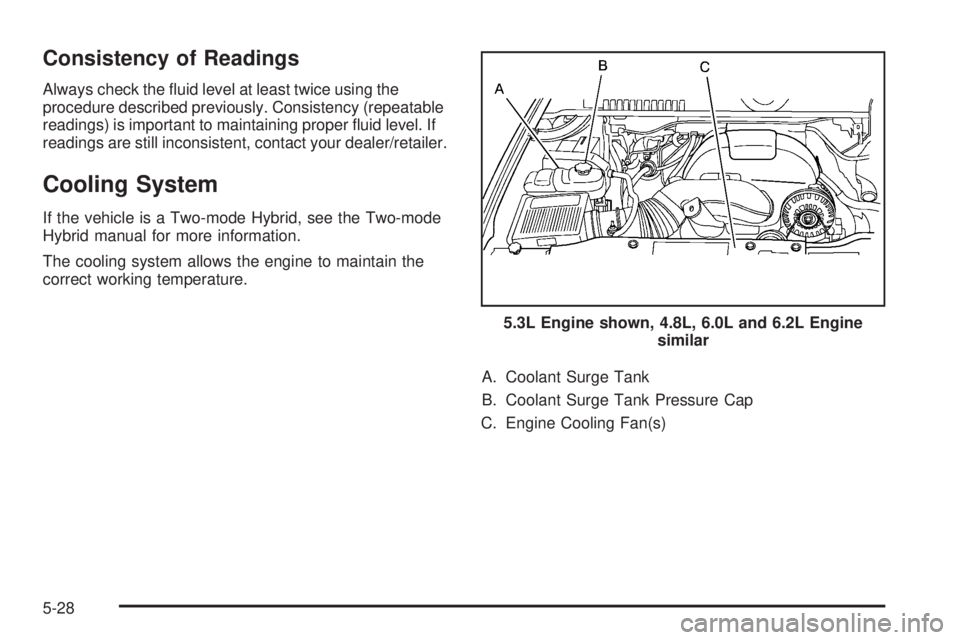 GMC YUKON 2009 User Guide Consistency of Readings
Always check the �uid level at least twice using the
procedure described previously. Consistency (repeatable
readings) is important to maintaining proper �uid level. If
reading