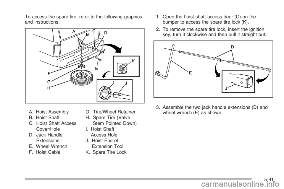 GMC YUKON 2009 Repair Manual To access the spare tire, refer to the following graphics
and instructions:
A. Hoist Assembly
B. Hoist Shaft
C. Hoist Shaft Access
Cover/Hole
D. Jack Handle
Extensions
E. Wheel Wrench
F. Hoist CableG.