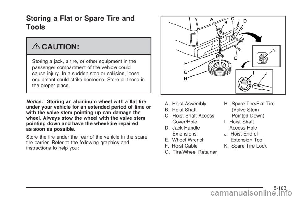 GMC YUKON 2009  Owners Manual Storing a Flat or Spare Tire and
Tools
{CAUTION:
Storing a jack, a tire, or other equipment in the
passenger compartment of the vehicle could
cause injury. In a sudden stop or collision, loose
equipme