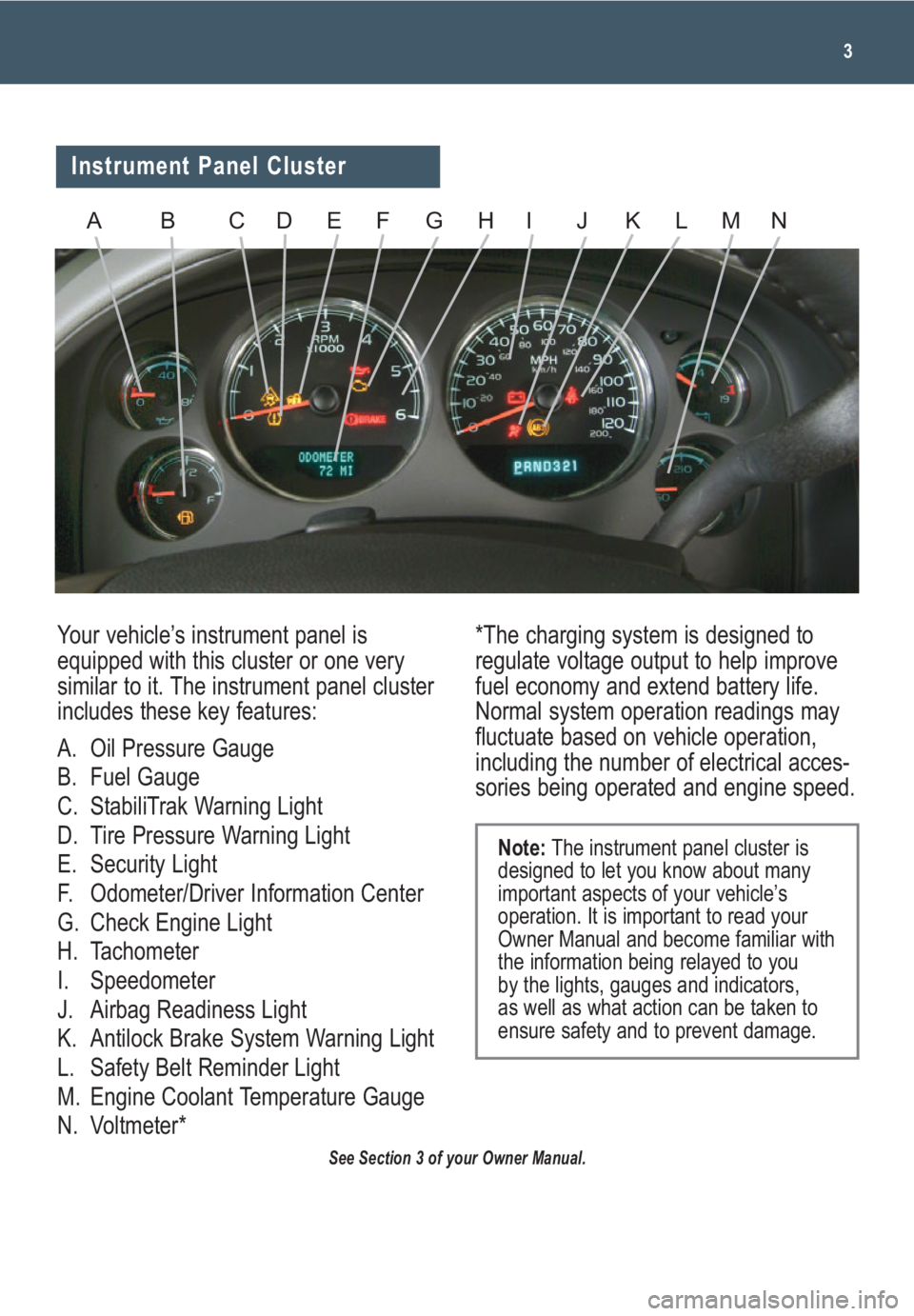 GMC YUKON 2009  Get To Know Guide 3
Your vehicle’s instrument panel is
equipped with this cluster or one very
similar to it. The instrument panel cluster
includes these key features:
A. Oil Pressure Gauge
B. Fuel Gauge
C. StabiliTra