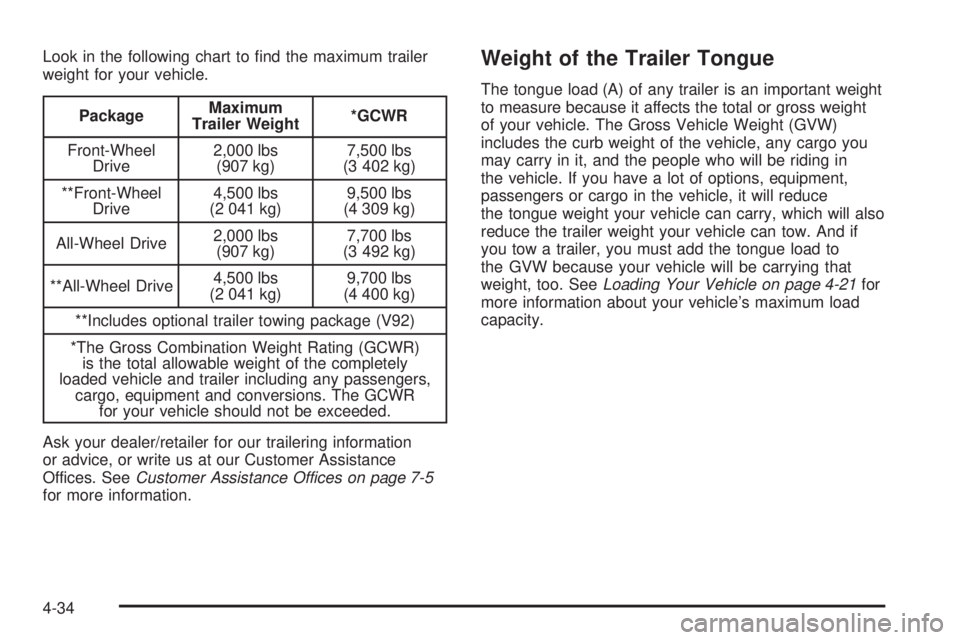 GMC ACADIA 2008  Owners Manual Look in the following chart to �nd the maximum trailer
weight for your vehicle.
PackageMaximum
Trailer Weight*GCWR
Front-Wheel
Drive2,000 lbs
(907 kg)7,500 lbs
(3 402 kg)
**Front-Wheel
Drive4,500 lbs
