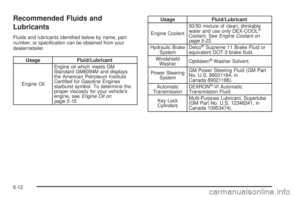 GMC ACADIA 2008  Owners Manual Recommended Fluids and
Lubricants
Fluids and lubricants identi�ed below by name, part
number, or speci�cation can be obtained from your
dealer/retailer.
Usage Fluid/Lubricant
Engine OilEngine oil whic