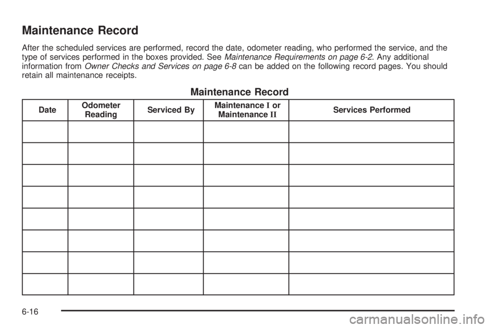 GMC ACADIA 2008  Owners Manual Maintenance Record
After the scheduled services are performed, record the date, odometer reading, who performed the service, and the
type of services performed in the boxes provided. SeeMaintenance Re
