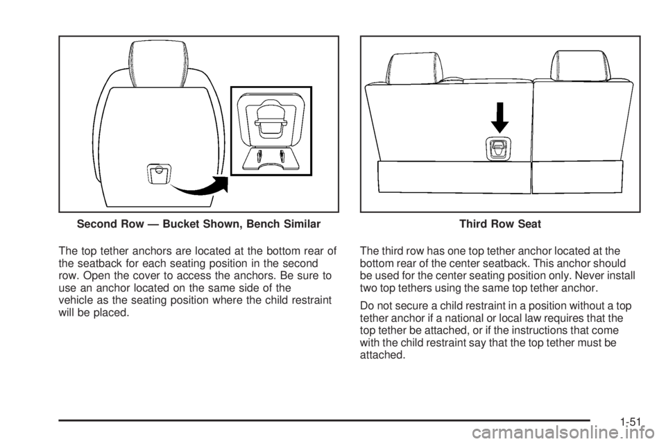GMC ACADIA 2008 Workshop Manual The top tether anchors are located at the bottom rear of
the seatback for each seating position in the second
row. Open the cover to access the anchors. Be sure to
use an anchor located on the same si