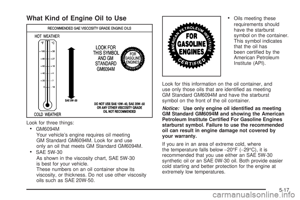 GMC CANYON 2008 Owners Manual What Kind of Engine Oil to Use
Look for three things:
GM6094M
Your vehicle’s engine requires oil meeting
GM Standard GM6094M. Look for and use
only an oil that meets GM Standard GM6094M.
SAE 5W-30
A GMC CANYON 2008 Owners Manual What Kind of Engine Oil to Use
Look for three things:
GM6094M
Your vehicle’s engine requires oil meeting
GM Standard GM6094M. Look for and use
only an oil that meets GM Standard GM6094M.
SAE 5W-30
A