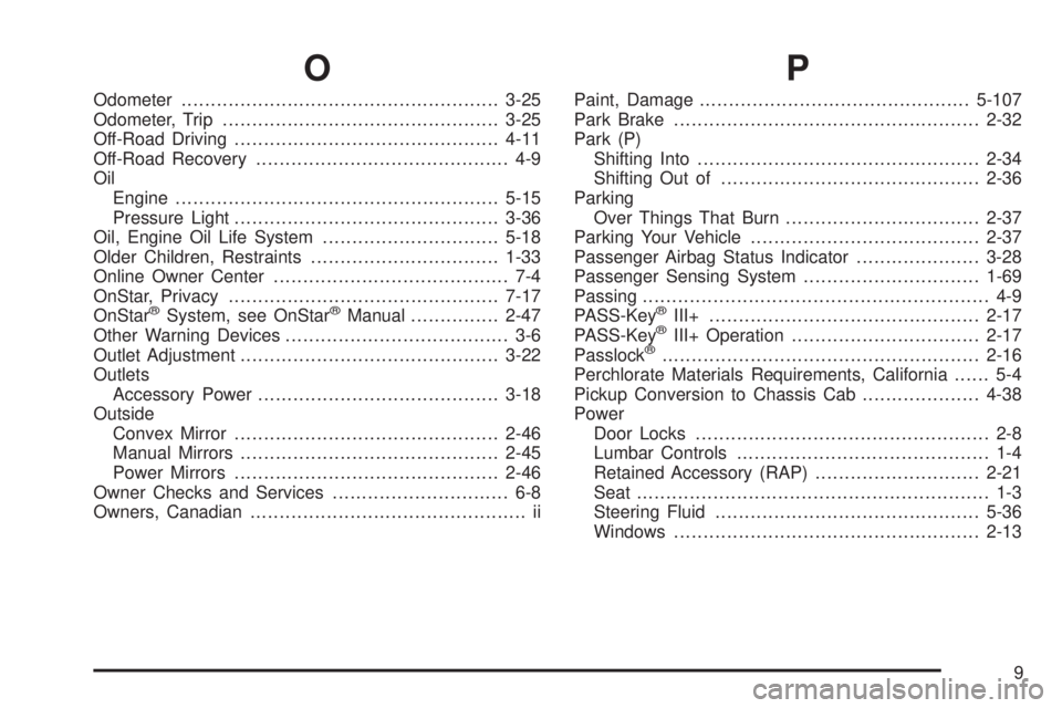 GMC CANYON 2008  Owners Manual O
Odometer......................................................3-25
Odometer, Trip...............................................3-25
Off-Road Driving.............................................4-11