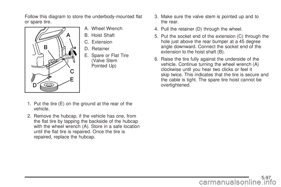 GMC ENVOY 2008  Owners Manual Follow this diagram to store the underbody-mounted �at
or spare tire.
A. Wheel Wrench
B. Hoist Shaft
C. Extension
D. Retainer
E. Spare or Flat Tire
(Valve Stem
Pointed Up)
1. Put the tire (E) on the g