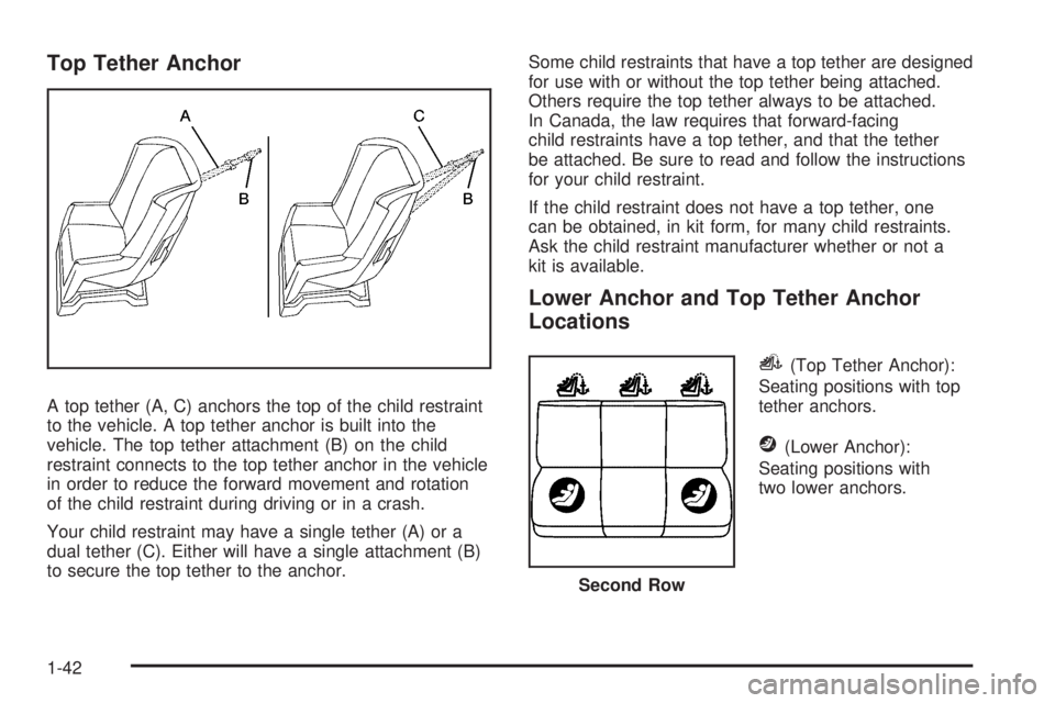 GMC ENVOY 2008 Service Manual Top Tether Anchor
A top tether (A, C) anchors the top of the child restraint
to the vehicle. A top tether anchor is built into the
vehicle. The top tether attachment (B) on the child
restraint connect GMC ENVOY 2008 Service Manual Top Tether Anchor
A top tether (A, C) anchors the top of the child restraint
to the vehicle. A top tether anchor is built into the
vehicle. The top tether attachment (B) on the child
restraint connect