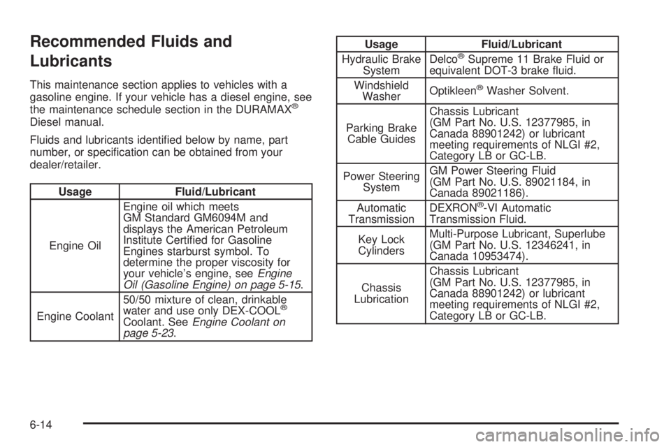 GMC SAVANA 2008  Owners Manual Recommended Fluids and
Lubricants
This maintenance section applies to vehicles with a
gasoline engine. If your vehicle has a diesel engine, see
the maintenance schedule section in the DURAMAX
®
Diese