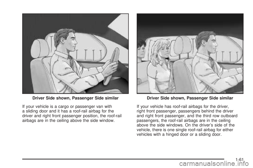 GMC SAVANA 2008 Repair Manual If your vehicle is a cargo or passenger van with
a sliding door and it has a roof-rail airbag for the
driver and right front passenger position, the roof-rail
airbags are in the ceiling above the side