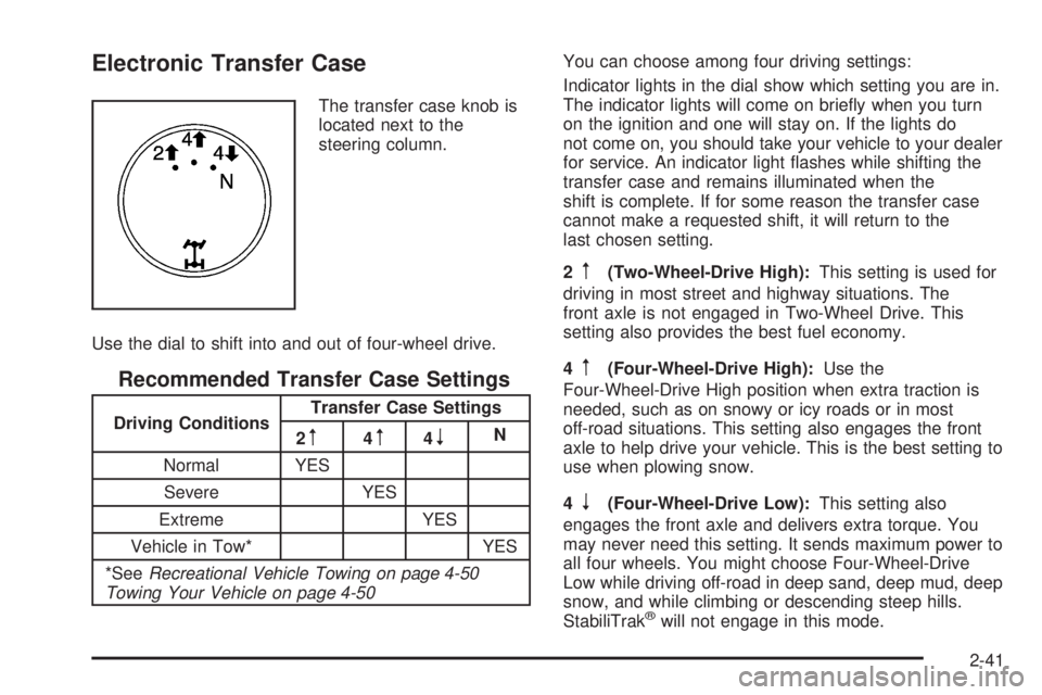 GMC SIERRA 2008  Owners Manual Electronic Transfer Case
The transfer case knob is
located next to the
steering column.
Use the dial to shift into and out of four-wheel drive.
Recommended Transfer Case Settings
Driving ConditionsTra