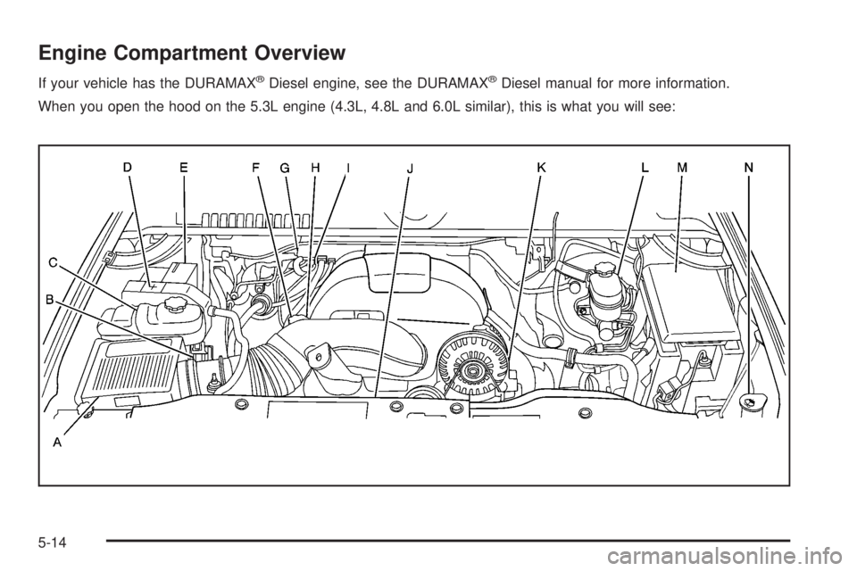 GMC SIERRA 2008  Owners Manual Engine Compartment Overview
If your vehicle has the DURAMAX®Diesel engine, see the DURAMAX®Diesel manual for more information.
When you open the hood on the 5.3L engine (4.3L, 4.8L and 6.0L similar)