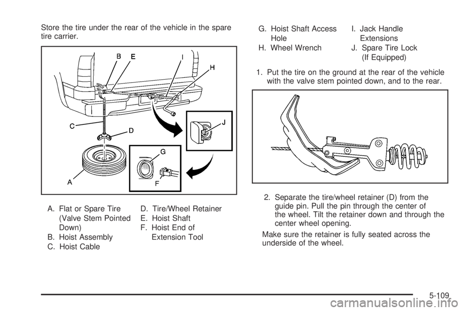 GMC SIERRA 2008 Owners Guide Store the tire under the rear of the vehicle in the spare
tire carrier.
A. Flat or Spare Tire
(Valve Stem Pointed
Down)
B. Hoist Assembly
C. Hoist CableD. Tire/Wheel Retainer
E. Hoist Shaft
F. Hoist E