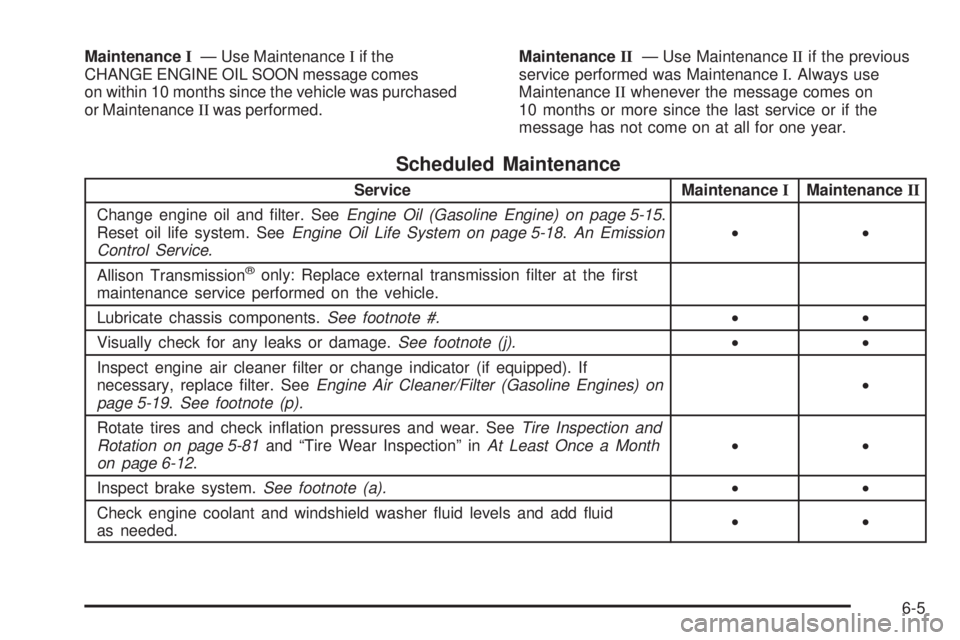 GMC SIERRA 2008  Owners Manual MaintenanceI— Use MaintenanceIif the
CHANGE ENGINE OIL SOON message comes
on within 10 months since the vehicle was purchased
or MaintenanceIIwas performed.MaintenanceII— Use MaintenanceIIif the p