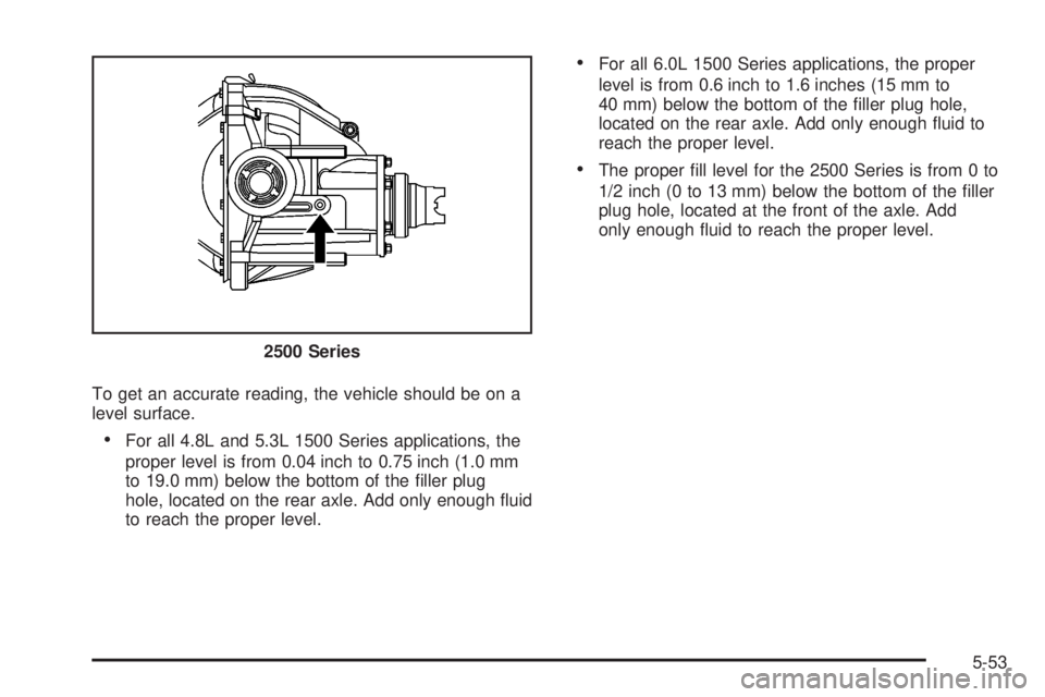 GMC YUKON 2008  Owners Manual To get an accurate reading, the vehicle should be on a
level surface.
For all 4.8L and 5.3L 1500 Series applications, the
proper level is from 0.04 inch to 0.75 inch (1.0 mm
to 19.0 mm) below the bott