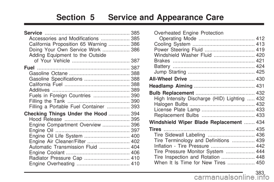 GMC ACADIA 2007  Owners Manual Service........................................................ 385
Accessories and Modi�cations................... 385
California Proposition 65 Warning.............. 386
Doing Your Own Service Work.