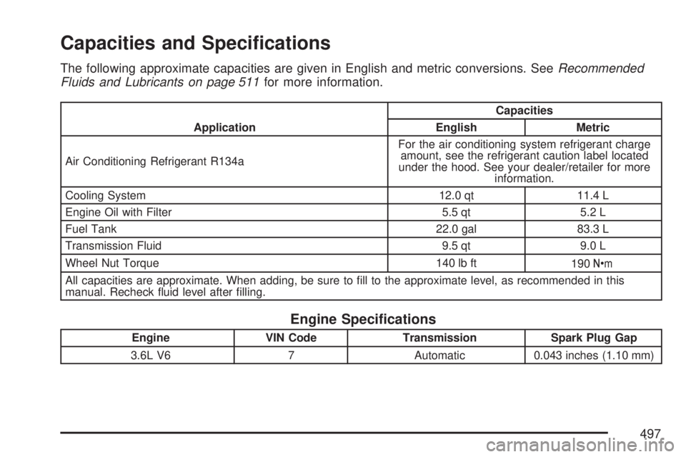 GMC ACADIA 2007 Owners Guide Capacities and Speci�cations
The following approximate capacities are given in English and metric conversions. SeeRecommended
Fluids and Lubricants on page 511for more information.
ApplicationCapaciti