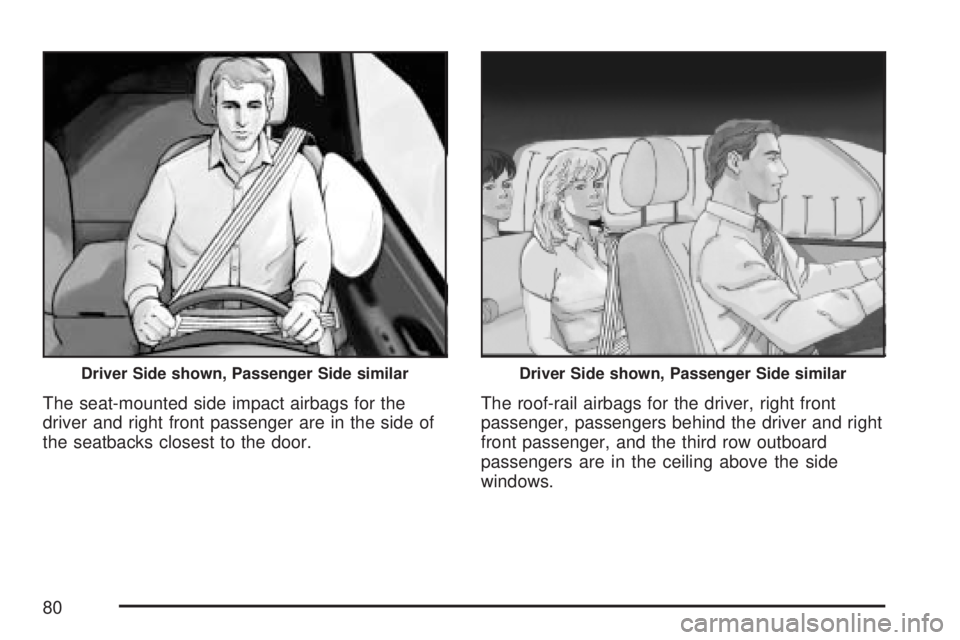 GMC ACADIA 2007 Manual PDF The seat-mounted side impact airbags for the
driver and right front passenger are in the side of
the seatbacks closest to the door.The roof-rail airbags for the driver, right front
passenger, passenge