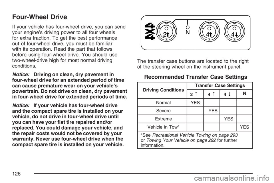 GMC CANYON 2007 Owners Manual Four-Wheel Drive
If your vehicle has four-wheel drive, you can send
your engine’s driving power to all four wheels
for extra traction. To get the best performance
out of four-wheel drive, you must b GMC CANYON 2007 Owners Manual Four-Wheel Drive
If your vehicle has four-wheel drive, you can send
your engine’s driving power to all four wheels
for extra traction. To get the best performance
out of four-wheel drive, you must b