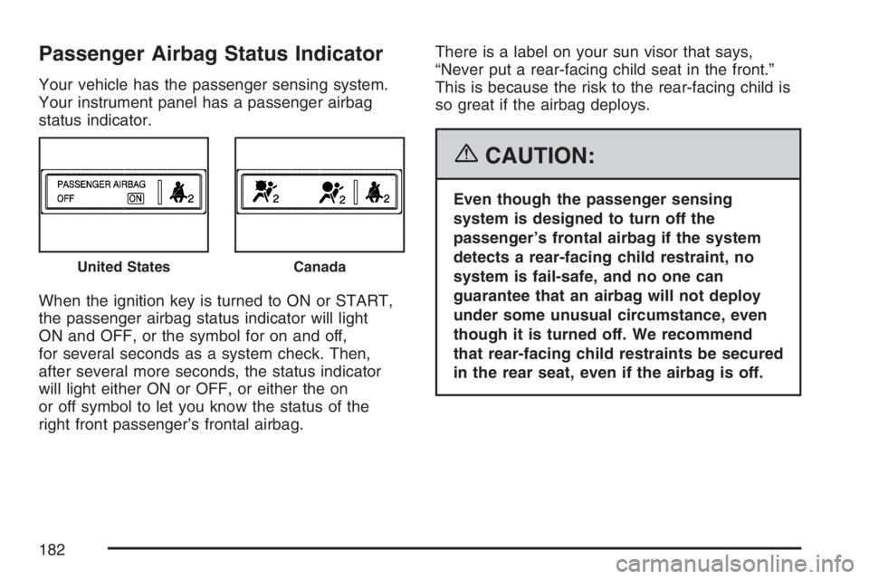 GMC CANYON 2007  Owners Manual Passenger Airbag Status Indicator
Your vehicle has the passenger sensing system.
Your instrument panel has a passenger airbag
status indicator.
When the ignition key is turned to ON or START,
the pass