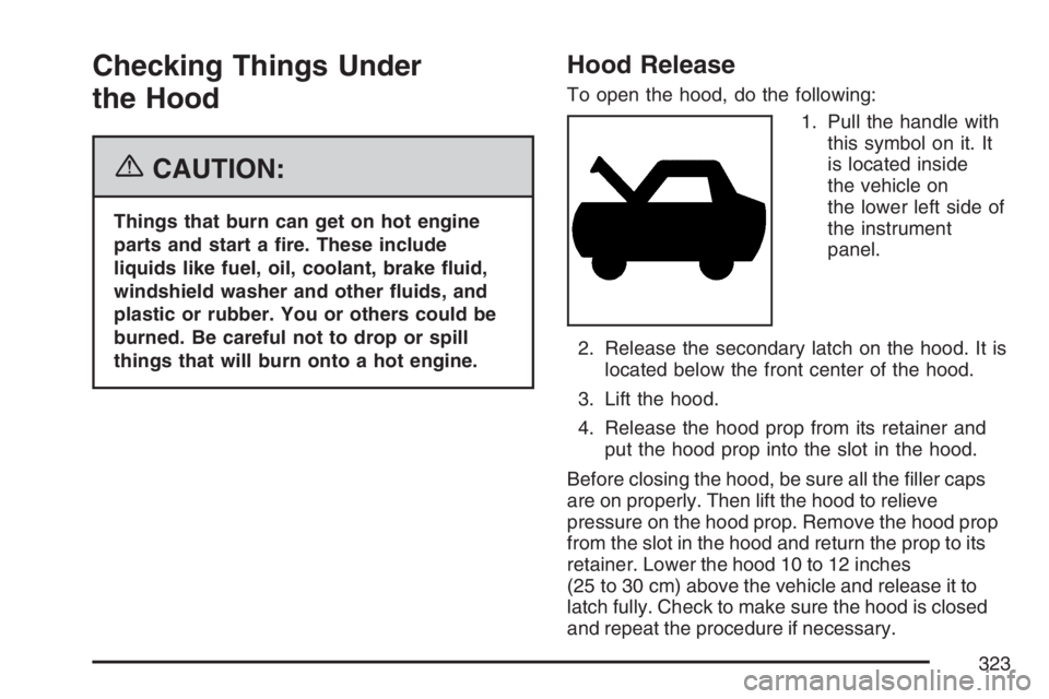 GMC CANYON 2007  Owners Manual Checking Things Under
the Hood
{CAUTION:
Things that burn can get on hot engine
parts and start a �re. These include
liquids like fuel, oil, coolant, brake �uid,
windshield washer and other �uids, and