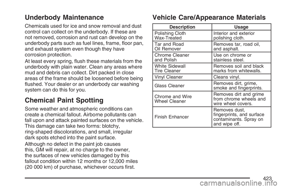 GMC CANYON 2007 Owners Manual Underbody Maintenance
Chemicals used for ice and snow removal and dust
control can collect on the underbody. If these are
not removed, corrosion and rust can develop on the
underbody parts such as fue GMC CANYON 2007 Owners Manual Underbody Maintenance
Chemicals used for ice and snow removal and dust
control can collect on the underbody. If these are
not removed, corrosion and rust can develop on the
underbody parts such as fue