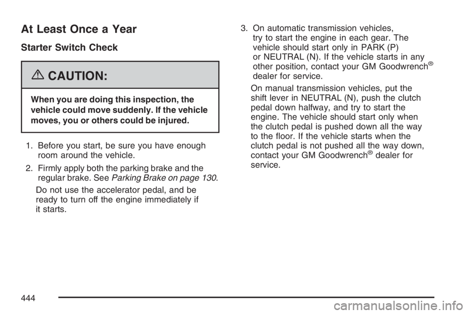 GMC CANYON 2007  Owners Manual At Least Once a Year
Starter Switch Check
{CAUTION:
When you are doing this inspection, the
vehicle could move suddenly. If the vehicle
moves, you or others could be injured.
1. Before you start, be s