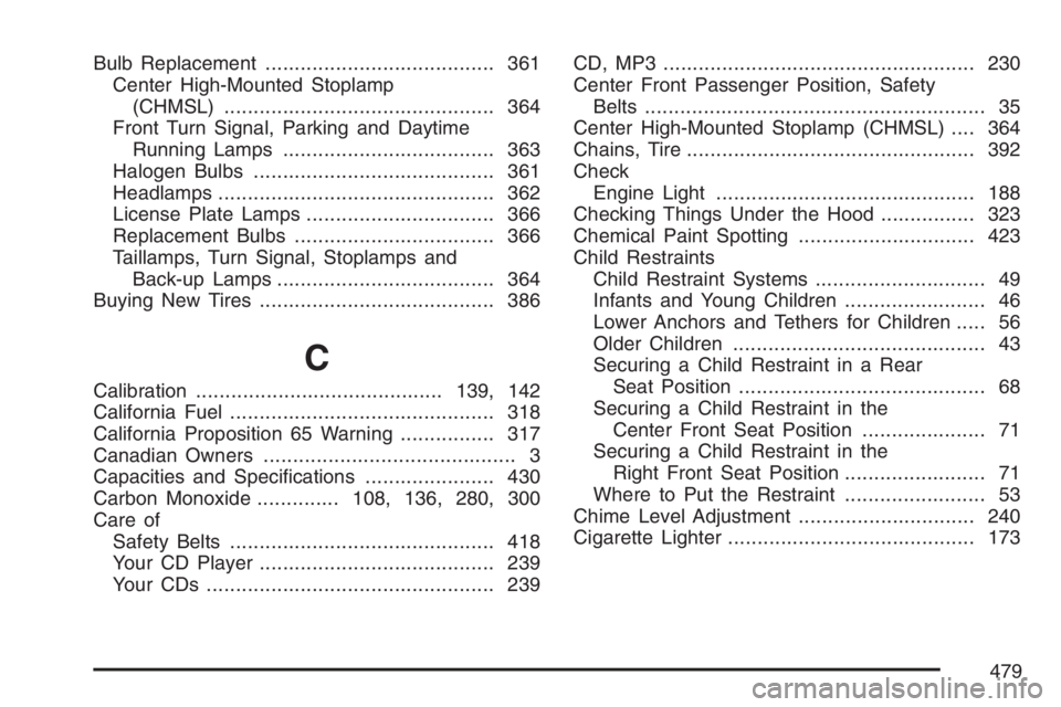 GMC CANYON 2007  Owners Manual Bulb Replacement....................................... 361
Center High-Mounted Stoplamp
(CHMSL).............................................. 364
Front Turn Signal, Parking and Daytime
Running Lamps.